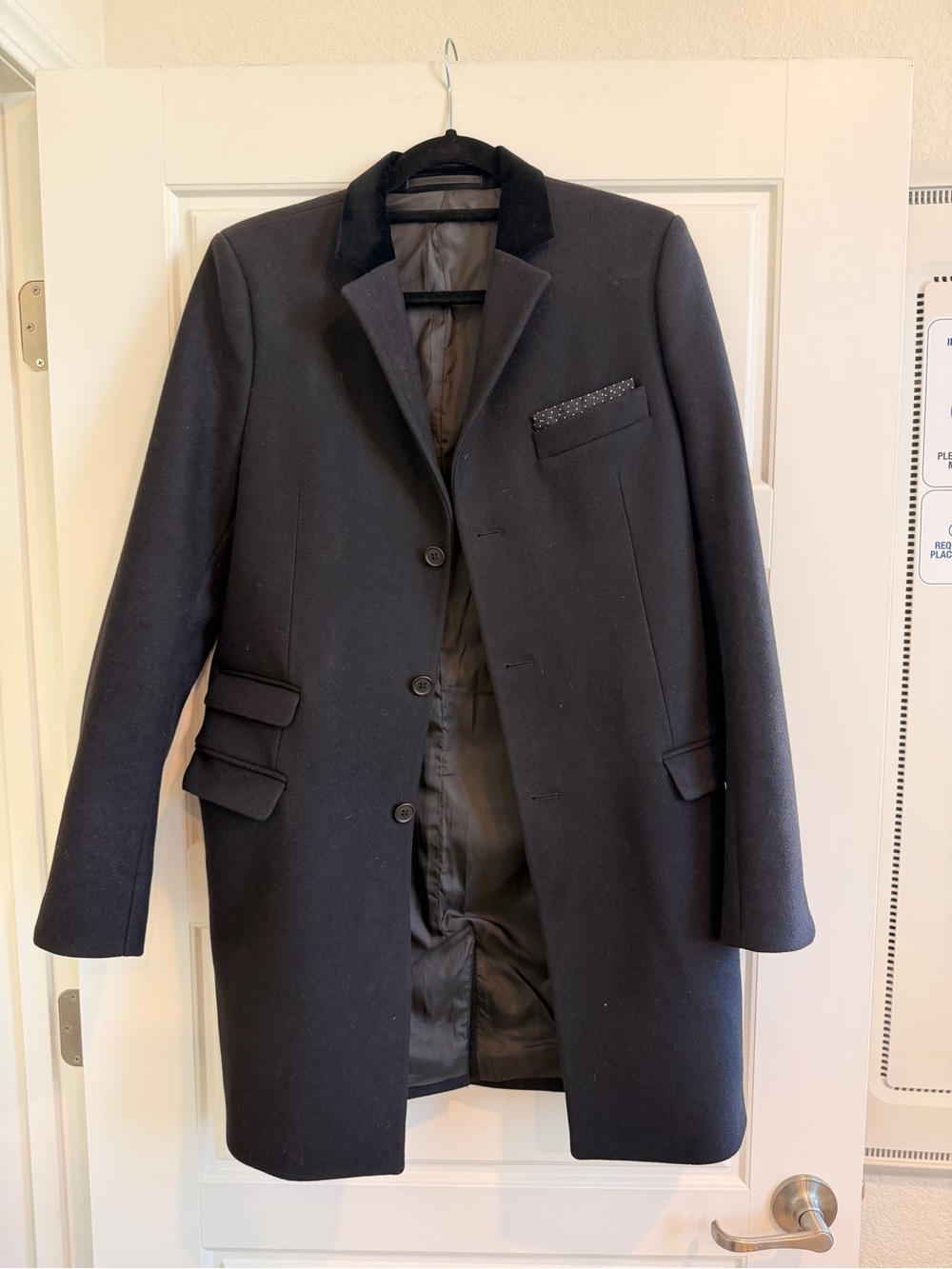 The Kooples Men’s Black Wool Overcoat Velvet Collar Size 46